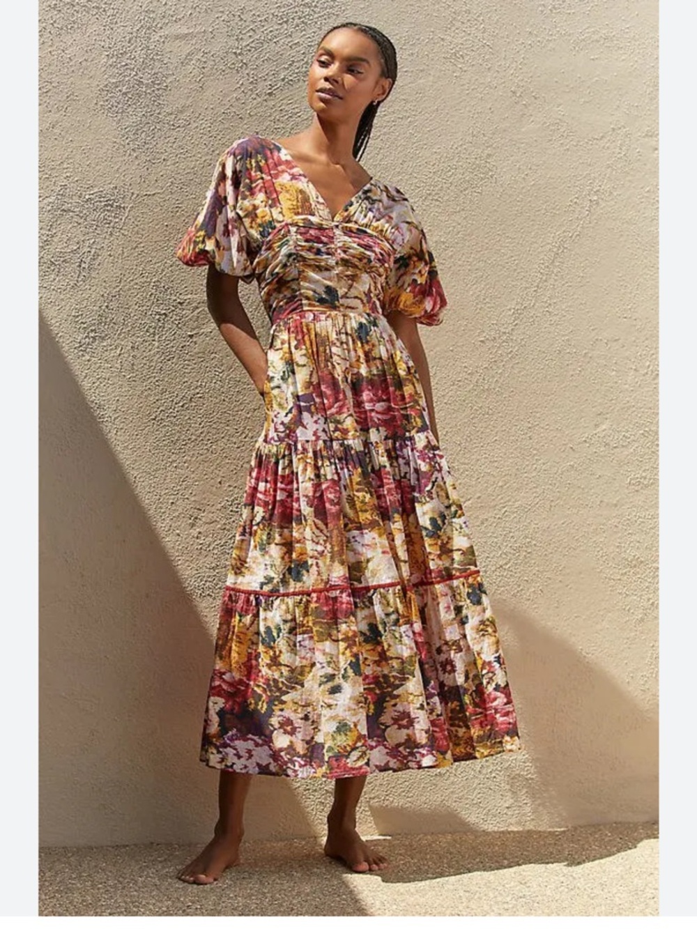 Anthropologie Floral Ruched V-Neck Tiered Maxi Dress in Multicolor